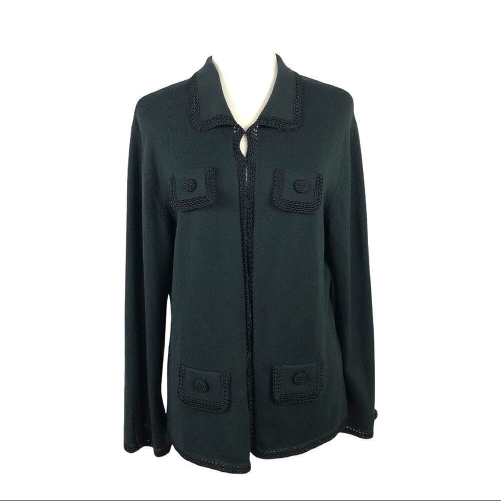 Etcetera Black Knit Silk/Cashmere blend Granny Cardigan with Crochet Trim XL